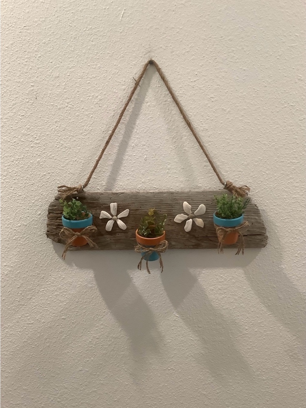 Driftwood Art, Driftwood & Seashell Flower Wall Hanging with 3 Mini Planters